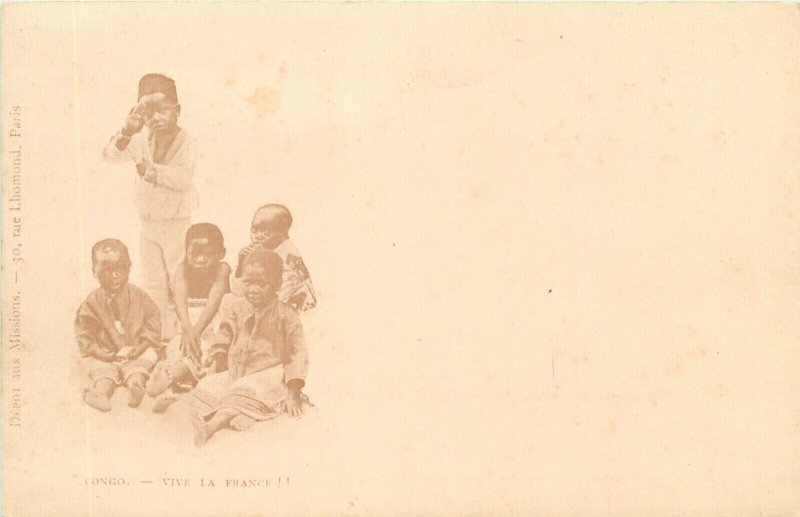 French Congo native children - Vive la France ! 1900`s postcard