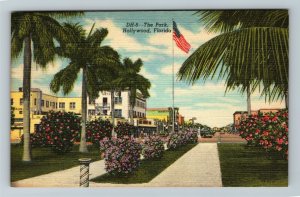 Hollywood, FL-Florida, The Park, Flag, Vintage Linen Postcard 