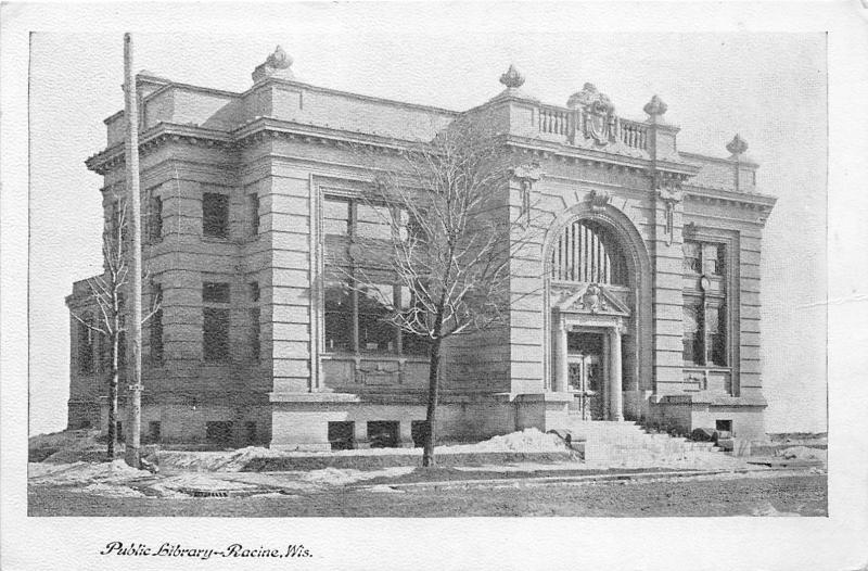 Racine Wisconsin~Public Library in Winter~Snow on Ground & Steps~1905 B&W PC