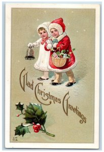 c1910's Christmas Greetings Children Bell And Basket Berries Embossed Postcard 