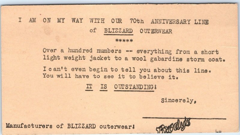 c1910s Brody's Blizzard Outerwear 70th Clothing Advertising Postcard Jackets A71