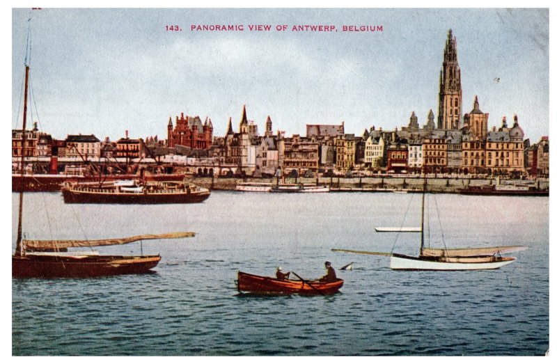 Vintage Antwerp Belgium Panoramic View Cathedral Boats Unposted Postcard