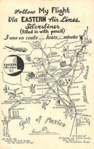 Eastern Air Lines Silverliner Airplane Map Advertising Postcard AA12315 