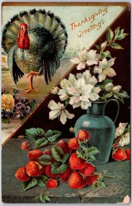 Thanksgiving Greetings, 1909 Turkey, Pitcher Of Flowers & Strawberries, Postcard