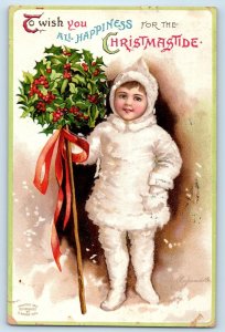 Christmas Child Wearing Winter Suit With Holly Berries Ellen Clapsaddle Postcard