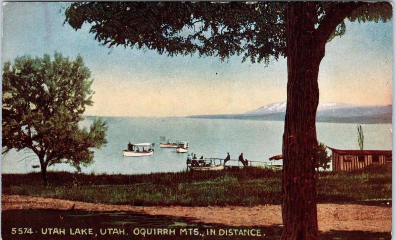 UTAH LAKE, UT Utah   View of LAKE & OQUIRRH Mountains BOATS   c1910s   Postcard