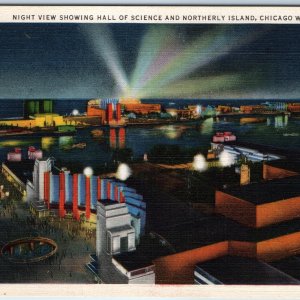c1930s Chicago, IL Hall Science World Fair Linen Postcard Night Lake Light A92