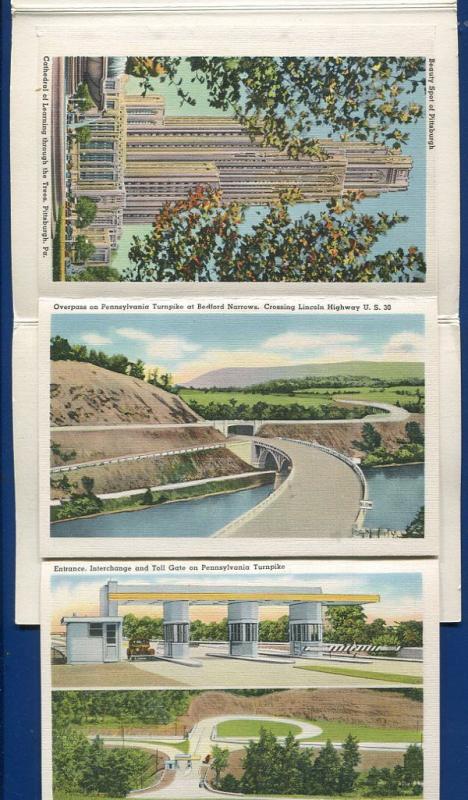 Pennsylvania pa Super Highway 1940s souvenir old postcard folder foldout