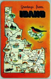State Map and Bird Greetings From Idaho ID UNP Chrome Postcard F5
