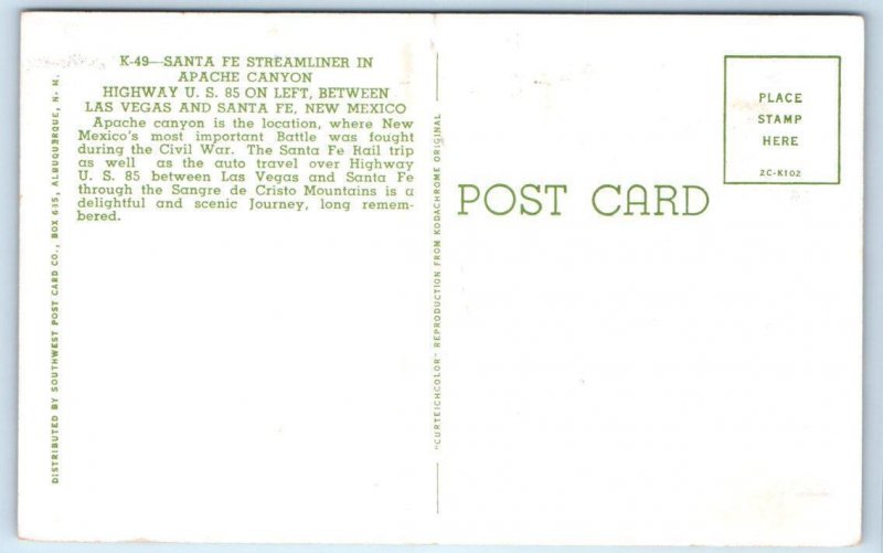 APACHE CANYON, NM New Mexico ~ SANTA FE Streamliner RAILROAD TRAIN  Postcard 