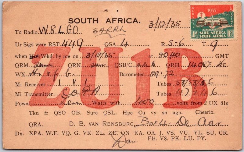1957 QSL Radio Card ZU1B South Africa Amateur Radio Station Posted Postcard