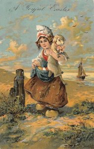  Dutch girl carrying lamb PFB Easter postcard ae51