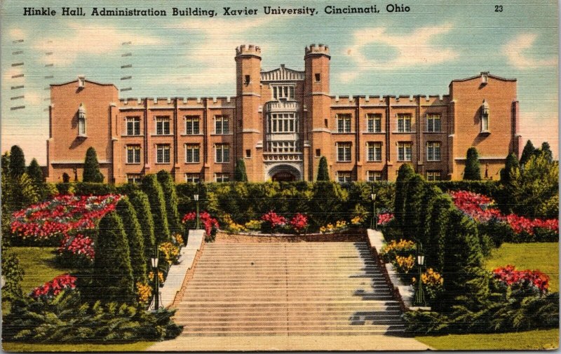 Vintage Old OHIO Postcard University Xavier Cincinnati Hinkle Hall Building Step