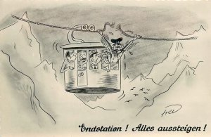 1950s German Alps broken Aerial tram comic humor artist Postcard 25-568