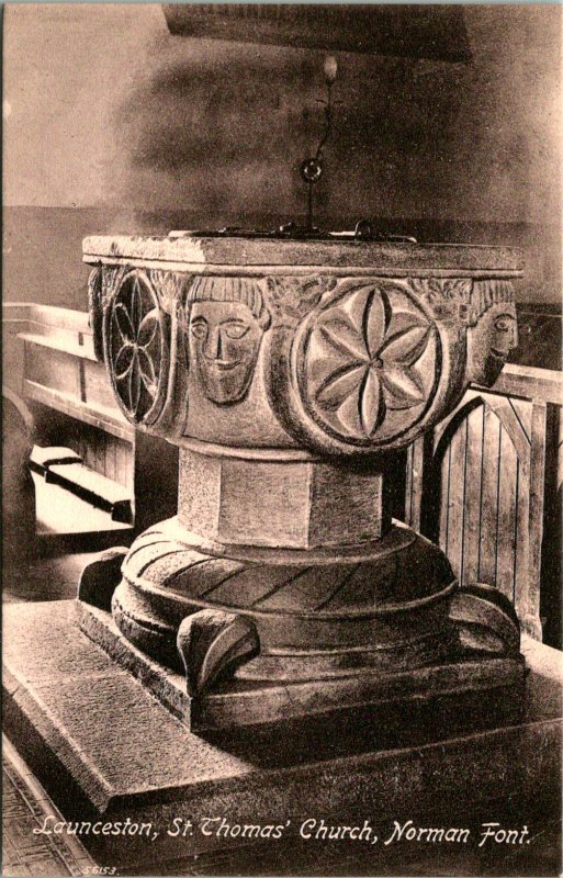 Launceston St Thomas Church Norman Font Postcard unused 1920s