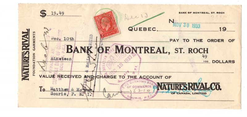 Cheque, Bank of Montreal, 1933, Nature's Rival Quebec Foundation Garments,