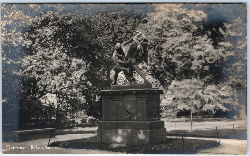 c1910s Goteborg, Sweden RPPC Baltespannarne Sculpture Park Statue Pedestal A348