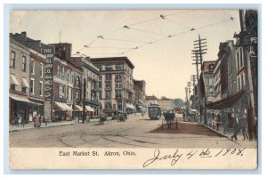 1908 Trolley Car, Horse Carriage Businesses, East Market St. Akron OH Postcard 