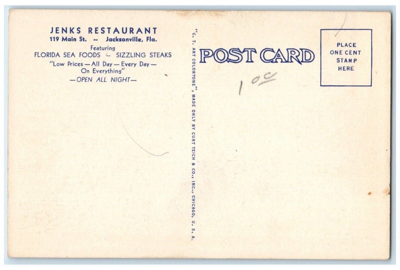 1940 Interior Dining Room Jenks Restaurant Jacksonville Florida Vintage Postcard 