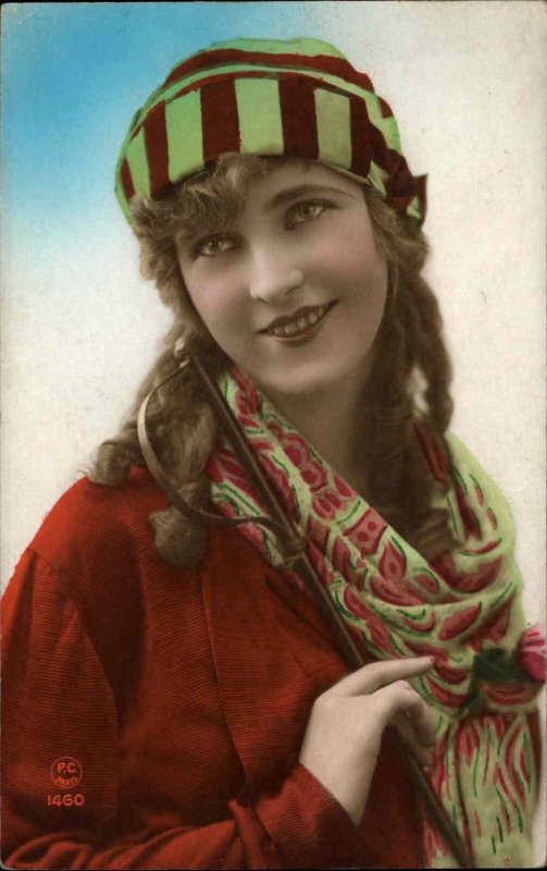 Beautiful Woman Glamour Art Deco Scarf & Hat Tinted c1920s Real Photo Postcard