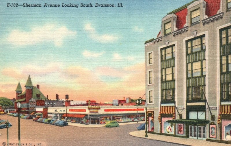 Evanston Illinois, Sherman Avenue Shopping Stores Looking South Vintage Postcard