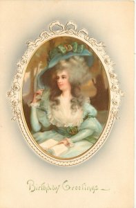 Meissner & Buch Birthday Postcard, Lovely Lady in Blue w/ Powdered Wig, Embossed