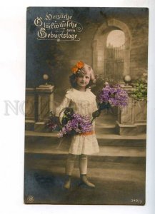 240095 BIRTHDAY Cute Girl w/ Flowers Vintage PHOTO tinted PC