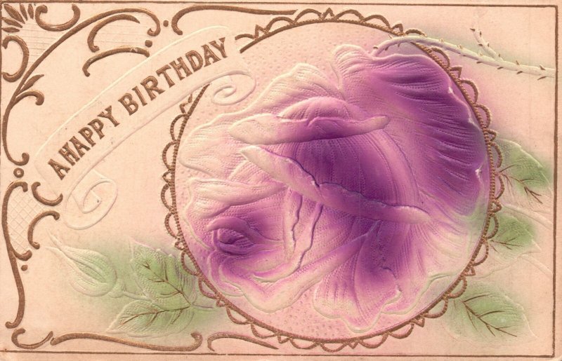 Vintage Postcard 1910's Happy Birthday Embossed Rose Flower Border With Glitter
