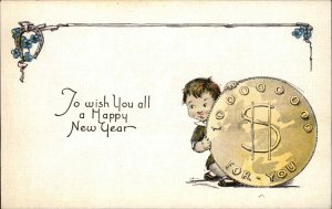 New Year Little Boy with Giant Coin c1910 Vintage Postcard