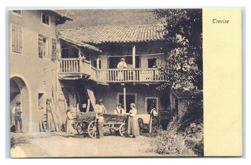 Postcard Trevise France - family w/children around wagon wheel cart I16
