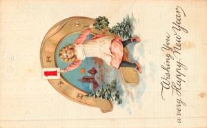 Happy New Year Little Girl Horseshoe Good Luck Antique Postcard K49773 