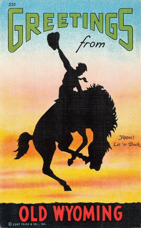 Greetings From Old Wyoming Yippee! Let'er Buck Linen Postcard