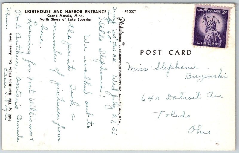 Grand Marais Minnesota 1955 Postcard Lighthouse And Harbor Entrance