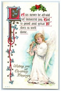 c1910's Christmas Blessing Angel Lyre Berries Embossed Posted Antique Postcard