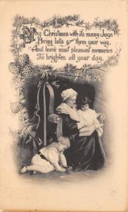 Christmas~Victorian Boy Plays at Grandma Feet~Girl on Lap~Pine Cone Art Nouveau