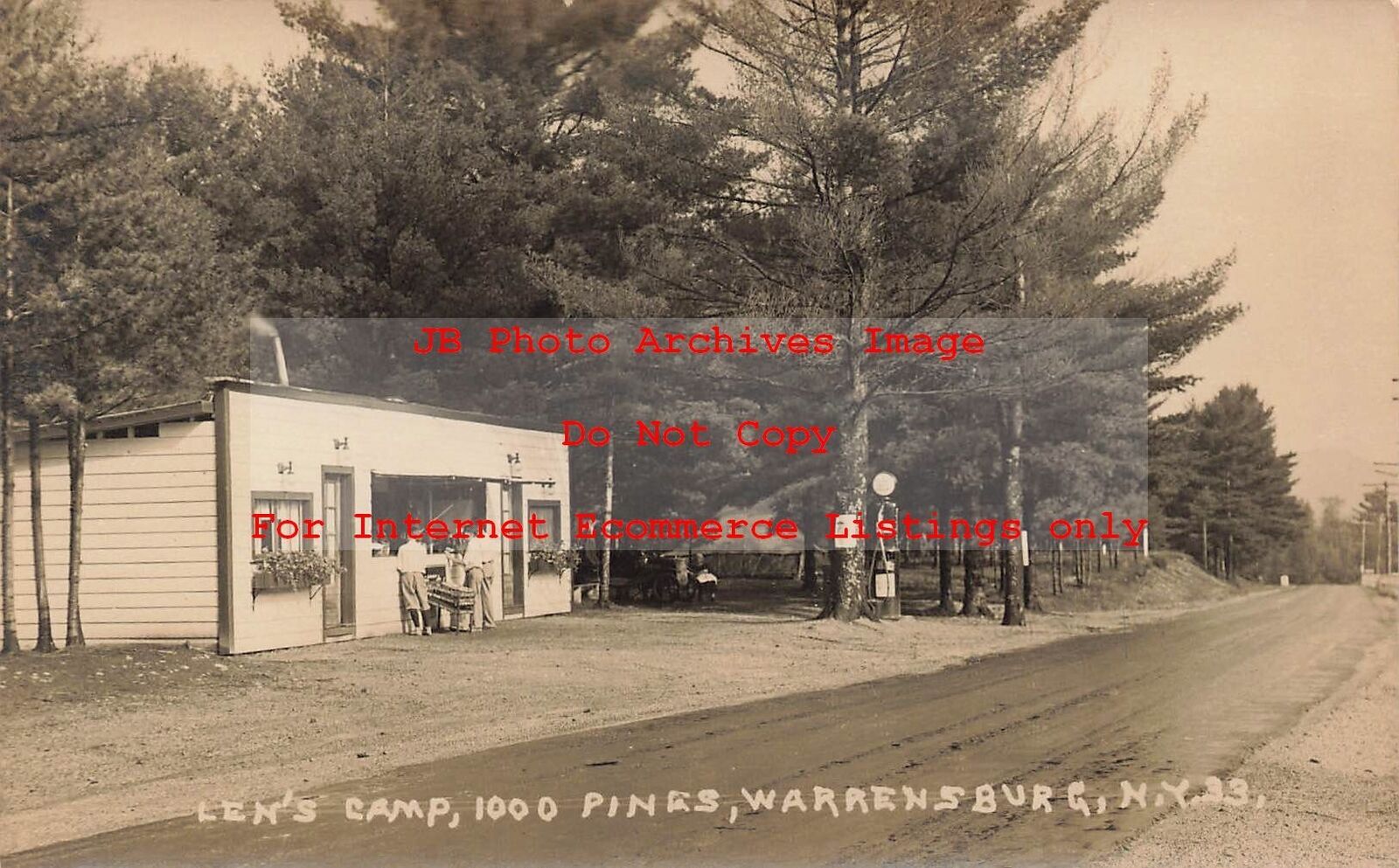 NY, Warrensburg, New York, RPPC, Len's Camp, 1000 Pines, Gas Pump