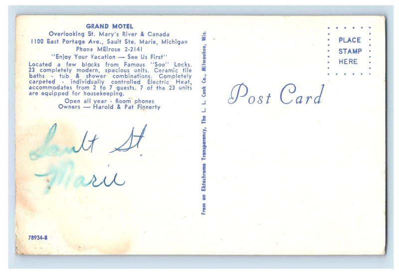 Vintage Grand Motel St Marys & Canada Postcard P85E