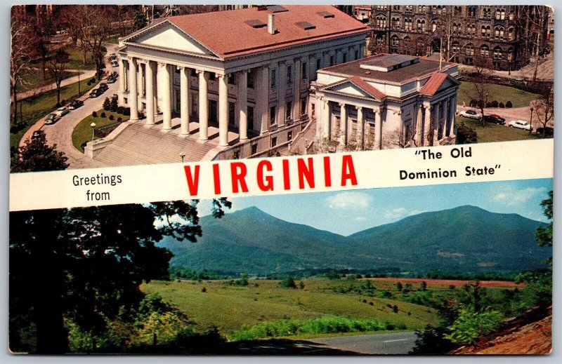 Vtg Virginia VA Dualview Banner Greetings 1950s Peaks of Otter Capitol Postcard