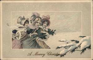 Kratky Christmas Little Girls in Wind and Snow c1910 Vintage Postcard