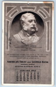 Cedar Rapids Iowa IA Postcard American Trust Savings Bank Chester A. Arthur 1912