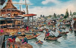 Postcard 1950s Thailand Floating Market artist Thip 23-3531