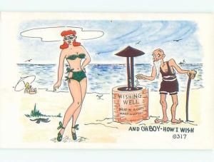 Pre-1980 Risque Comic BIKINI GIRL BESIDE OLD MAN AT WISHING WELL AB6975