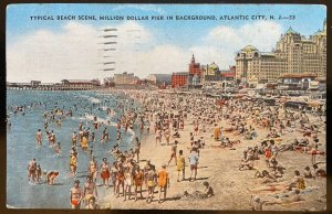 Vintage Postcard 1951 Beach Scene & Background, Atlantic City, New Jersey (NJ)