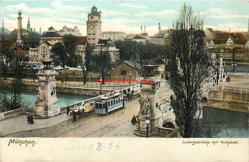 Germany, Munchen, Munich, Ludwigsbrucke mit Volksbad, Trolley, Ottmar Zieher 