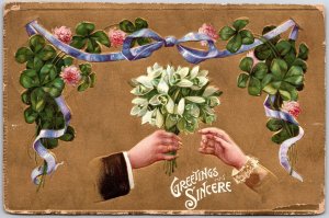 1910's Green Leaves Vine Bouquet Hands Purple Ribbon Greetings Posted Postcard