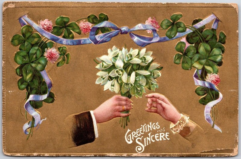 1910's Green Leaves Vine Bouquet Hands Purple Ribbon Greetings Posted Postcard