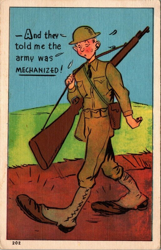 Army Mechanized -Soldier exaggeration large feet gun SOLDIER FREE MAIL WWII 1943