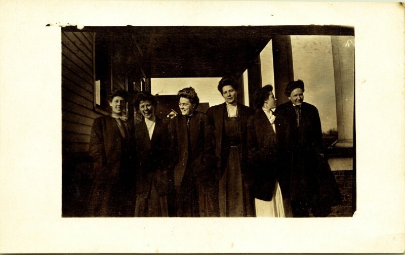 RPPC Happy Group of Women dark Coats Outside Porch Real Photo Postcard AZO