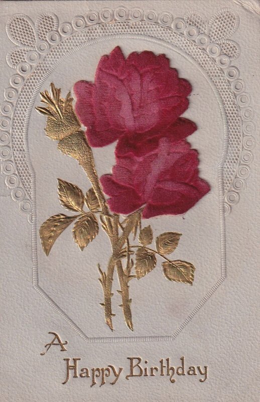 Happy Birthday Velvet Rose Metallic to Centerville KS Postcard B34