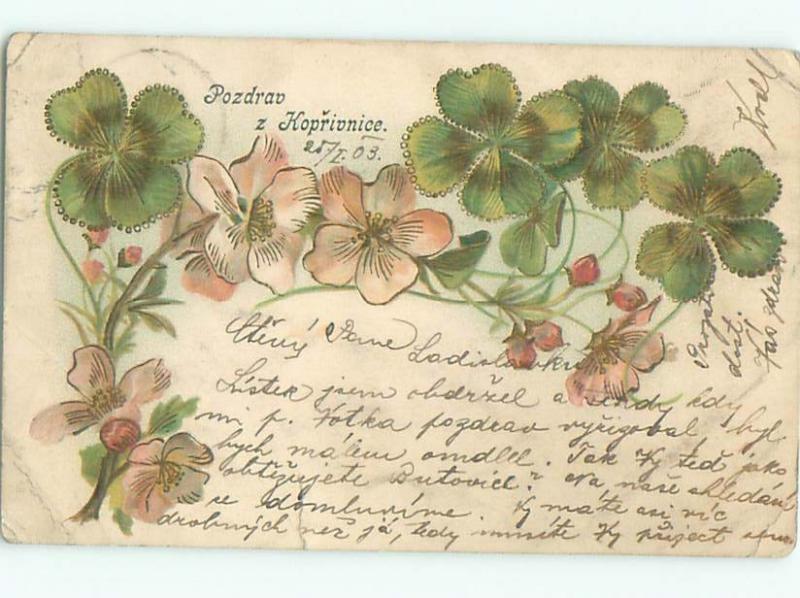 foreign 1903 Postcard PINK FLOWERS AND FOUR LEAF CLOVERS AC3930